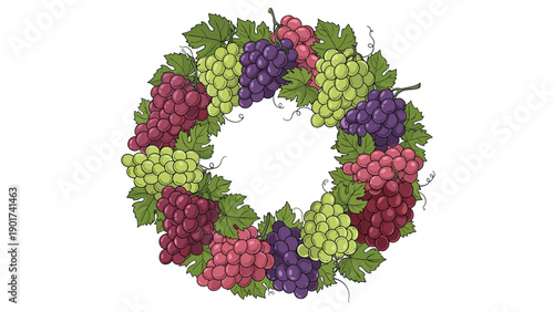Elegant wreath composed of clusters of purple, red, and green grapes with lush green leaves suitable for wine and harvest festival designs.