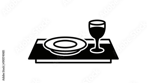 Simple Line Drawing of Wine Glass and Plate.