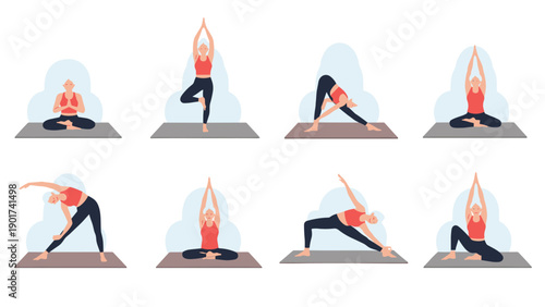 Set of women performing diverse yoga poses and stretching exercises on mats demonstrating flexibility, mindfulness, and a healthy lifestyle.