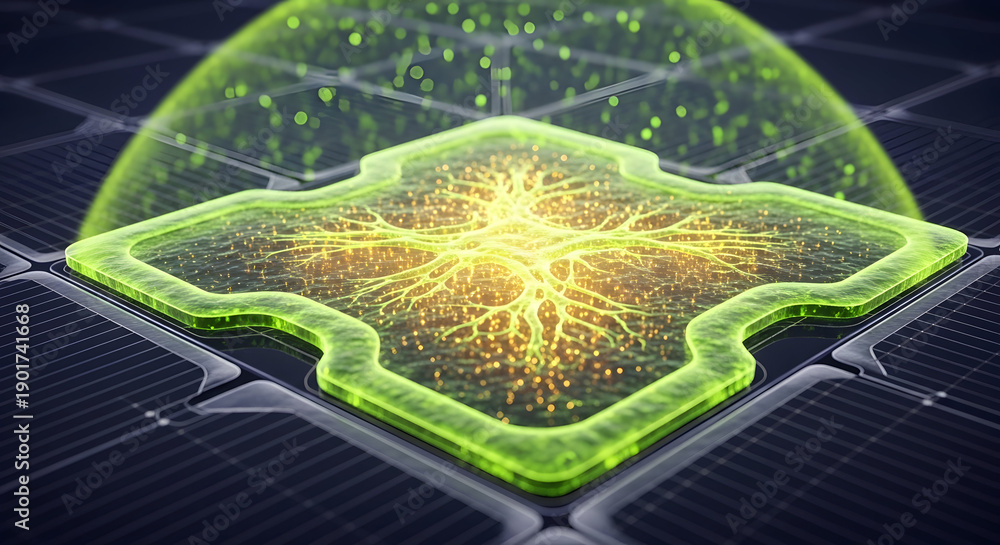 Naklejka premium Futuristic glowing green microchip with intricate neural network pathways and energy particles, representing advanced technology and artificial intelligence.