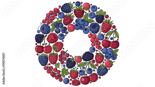 Delicious assortment of various berries including raspberries, blueberries, cherries, and currants arranged in a vibrant circular pattern.