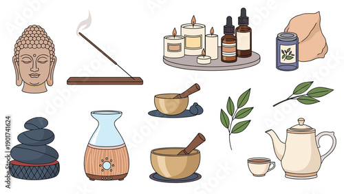 Comprehensive collection of spa and meditation essentials including a Buddha head, aromatic candles, essential oils, hot tea, and stones.