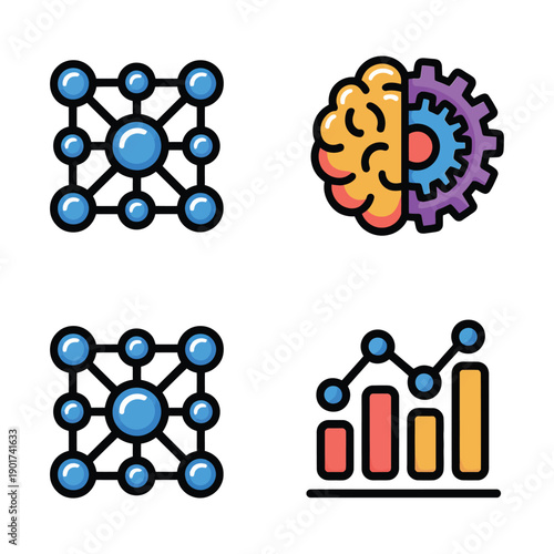 Artificial intelligence analytics icons with neural network, brain gear, data chart, dashboard vector for hackathon, science fair, research presentation design