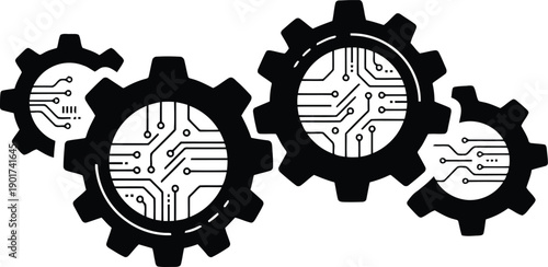 Interconnected gears with circuit board patterns symbolizing technology and innovation process  a mechanical engineering concept