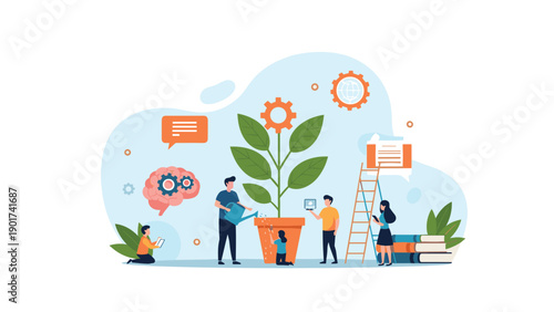Team of miniature people collaborating to water and nurture a growing plant with gear flowers symbolizing business growth and innovation.