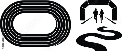 Running track oval shape and winding road with two people running illustration isolated