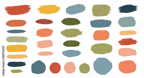 Abstract collection of colorful paint brush strokes and swatches.