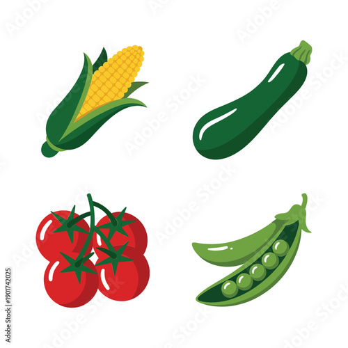 Seasonal produce collection featuring corn, zucchini, peas, tomatoes, farm stand flyer, community garden day, recipe demo session, cooking class signup