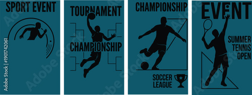 Sports event posters for tennis basketball and soccer tournament championship isolated on transparent background