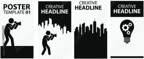 Set of modern poster templates with silhouettes and creative headline placeholders for graphic design projects