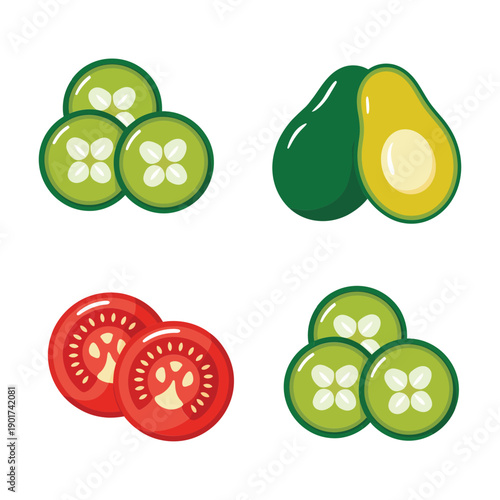 Okra slices, avocado halves, tomato rounds, southern cuisine event banner, gumbo cookoff poster, chopping demo session, farmers market recipe card