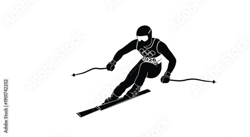 Winter Olympics Alpine skiing athlete in action, descending a snowy slope with speed and precision, captured in a dynamic pose during a winter sport competition