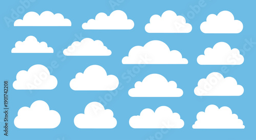 Collection of various white cloud shapes on a blue background.
