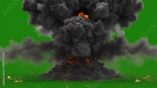 Massive Nuclear Explosion with Mushroom Cloud and Fireball on Green Screen