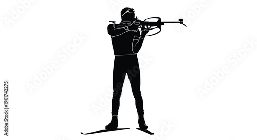 Winter Olympics Silhouette of a biathlete in winter attire, focusing intently as they aim their rifle while standing on skis, captured in a minimalist graphic style