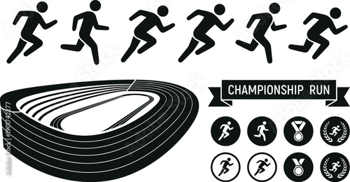Collection of stylized running man icons and a stadium track representing athletic competition and victory