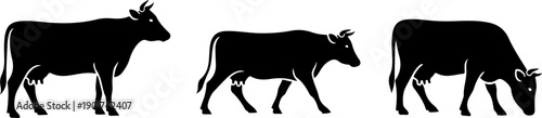 Three cows walking in a line, viewed from the side, in a minimalist illustration, eps file