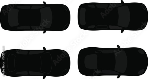 Collection of four different car silhouettes viewed from above isolated on transparent background