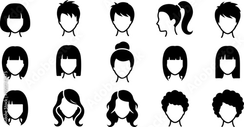 Collection of diverse hairstyles and facial features illustrated in a grid pattern against a plain background