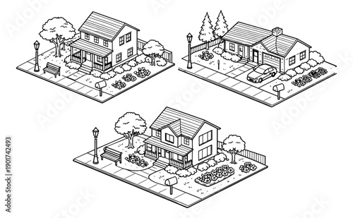 Hand drawn line art house set featuring different residential buildings and suburban elements for real estate concepts