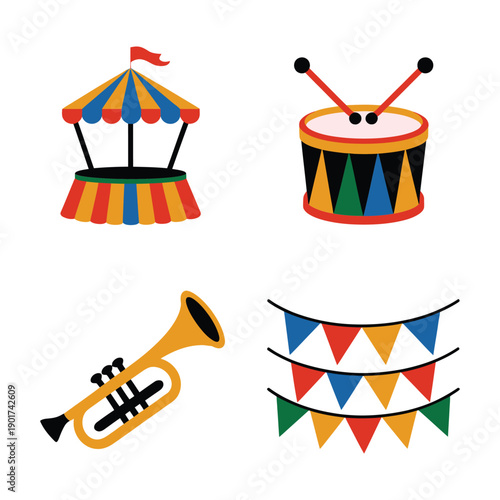 Parade and fair icons, carousel tent, marching drum, brass trumpet, bunting flags, street festival poster, music session vector design