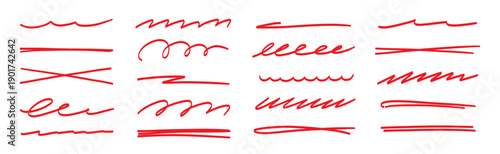 Red brush stroke underline collection. Marker pen highlight stroke pack. Vector swoosh brush underline set for accent, marker emphasis element. Vector illustration