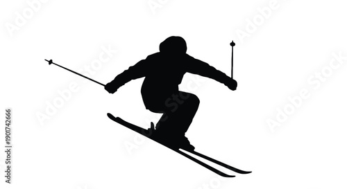Winter OlySilhouette of a freestyle skier executing a dynamic aerial trick against a plain background, captured mid-jump with ski poles extended for balance and momentum during a winter sport activity