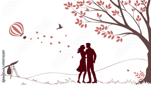 Love's Serenade: A silhouette couple's romantic moment under a stylized tree, adorned with hearts floating. The gentle breeze and a distant air balloon complete the scene.