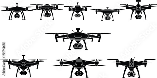 Drone Vector Silhouette Set with Quadcopter Camera Icons for Aerial Photography Surveillance Technology and Remote Control Aircraft Graphic Design Elements