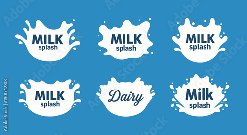 Set of six milk splash logos and dairy labels on a blue background.