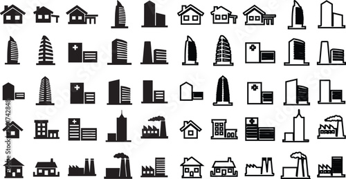Black and white city building silhouettes buildings