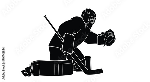 Winter Olympics Dynamic silhouette illustration of an ice hockey goalie in a ready defensive stance, holding a stick, showcasing intense focus and athletic skill in the game of hockey