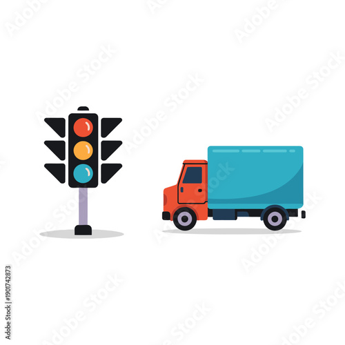 Road transport icons with traffic light logistics truck delivery van shipping vehicle set for transport service city map courier business
