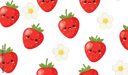 A cute vector illustration of smiling strawberries and flowers on a white background