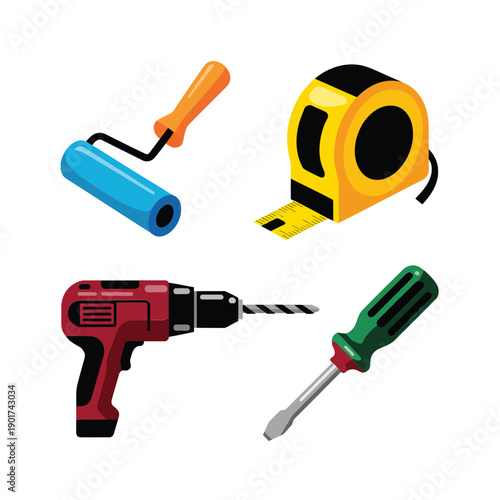 Construction tools vector set with paint roller measuring tape electric drill screwdriver diy renovation equipment contractor service graphics icons