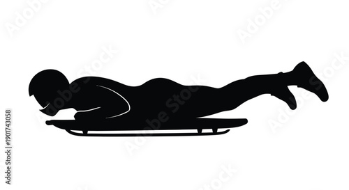 Winter Olympics Striking silhouette of a focused athlete in a skeleton race, speeding headfirst down an icy track, representing the thrilling challenge and competitive action of winter sports