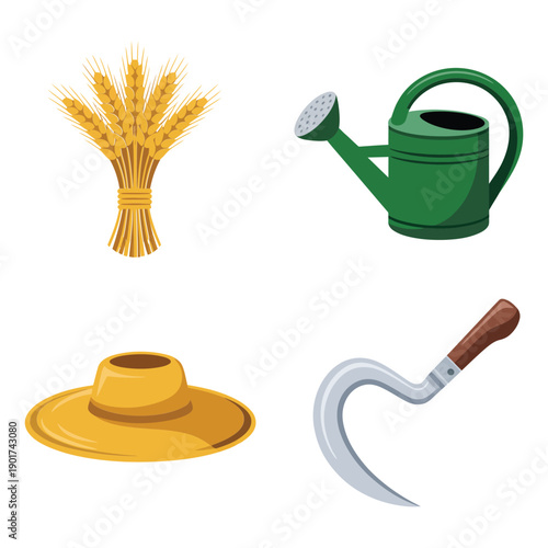 Farming and harvest icons with wheat bundle watering can straw hat and sickle for agriculture festival rural market branding