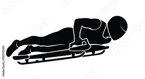 Winter Olympics Dynamic silhouette of a skeleton athlete racing headfirst down an icy track. Vector illustration capturing the speed and thrill of competitive winter sports in a minimalist design