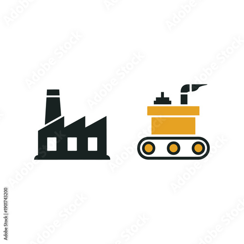 Factory and heavy equipment icons set with industrial plant building and crawler vehicle for construction production engineering projects branding