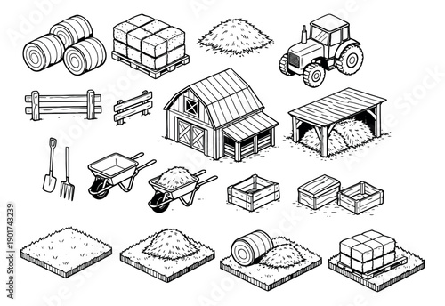 Isometric hand drawn line art farm elements set featuring hay bales, barn, tractor, tools, and fences for agricultural design and rural life