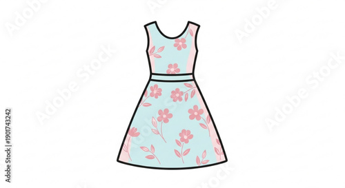 Beautiful floral dress with pink flowers on light blue background sleeveless and knee length fashion illustration
