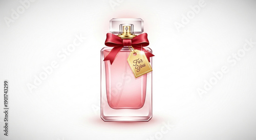 Pink perfume bottle with red ribbon and gift tag on white background luxury fragrance concept