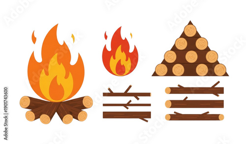 A vector graphic illustration of a campfire and firewood in a flat design style