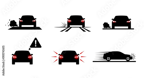 Car Icons Representing Various Driving Scenarios and Hazards.