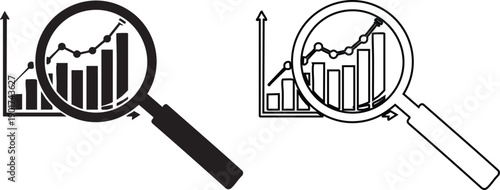 Black and white magnifying glass over bar and line graphs