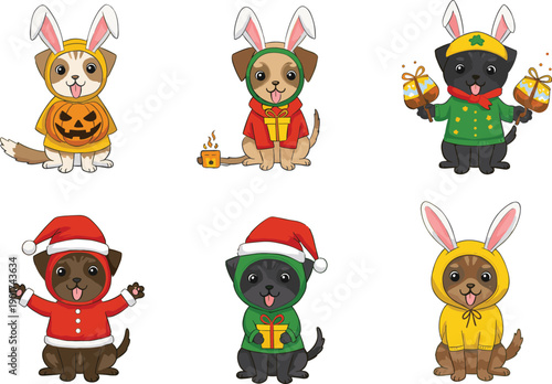 Adorable dogs in festive costumes for Halloween, Christmas, and Easter, cute cartoon puppies wearing holiday outfits and accessories.
