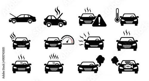 Car trouble icons showing engine overheating and mechanical problems.