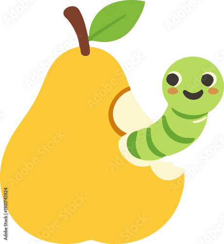 A cute flat illustration of a yellow pear with a bite taken out, featuring a smiling green worm peeking out from the fruit.