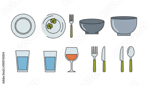 A vector graphic illustration of a table setting with dishes and utensils