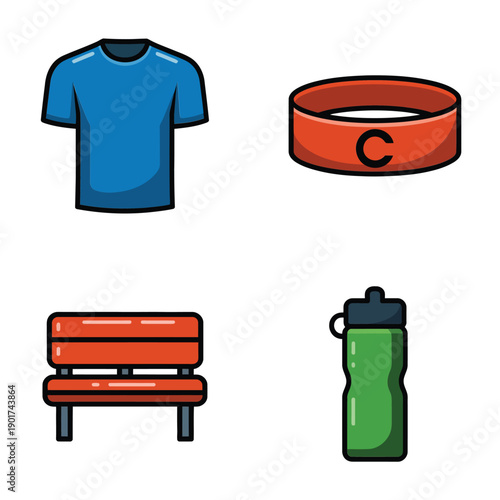 Team kit and gear icons, jersey and captain armband, bench and bottle, practice clinic flyer, coaching session schedule details